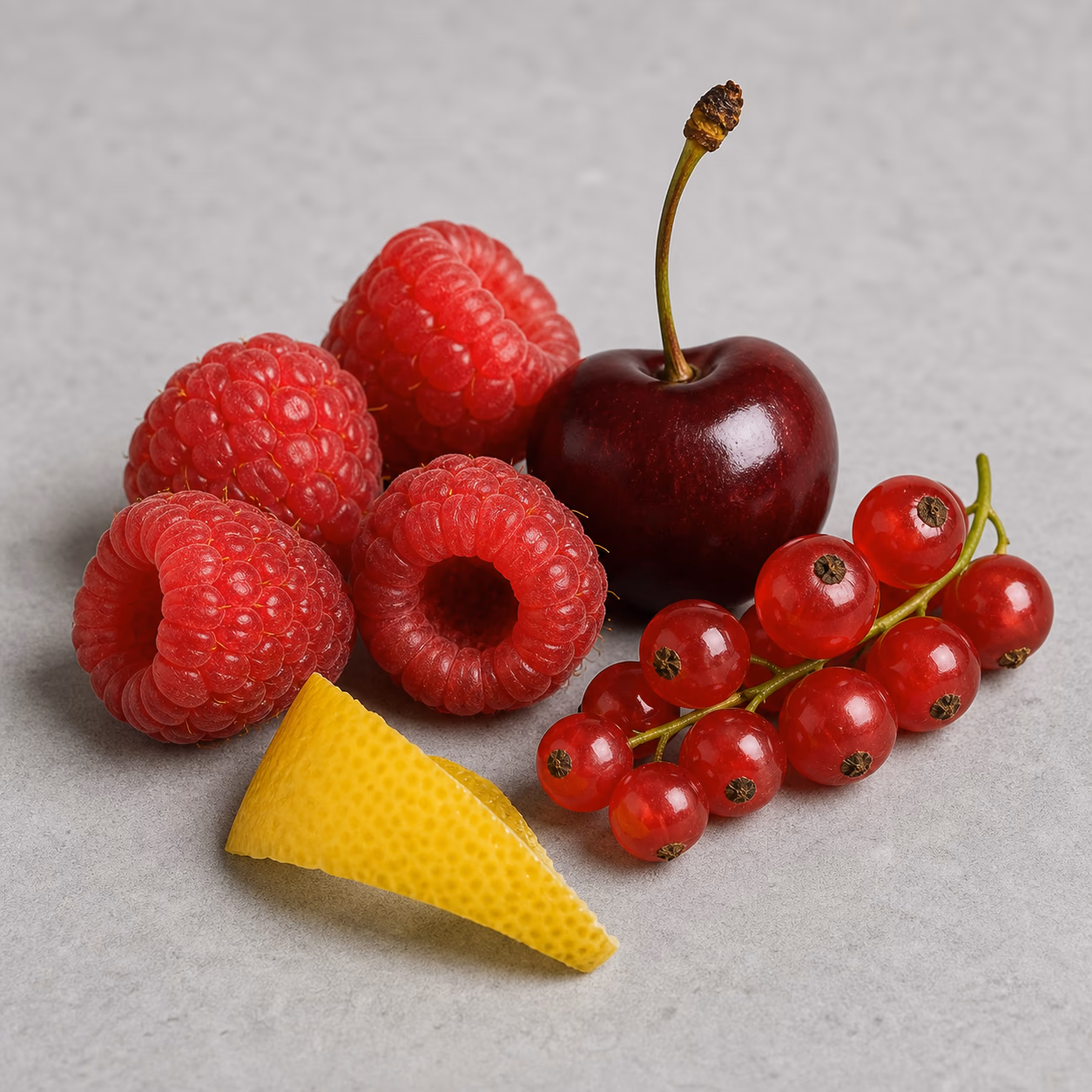 Raspberries, red currants, dark cherry and lemon peel