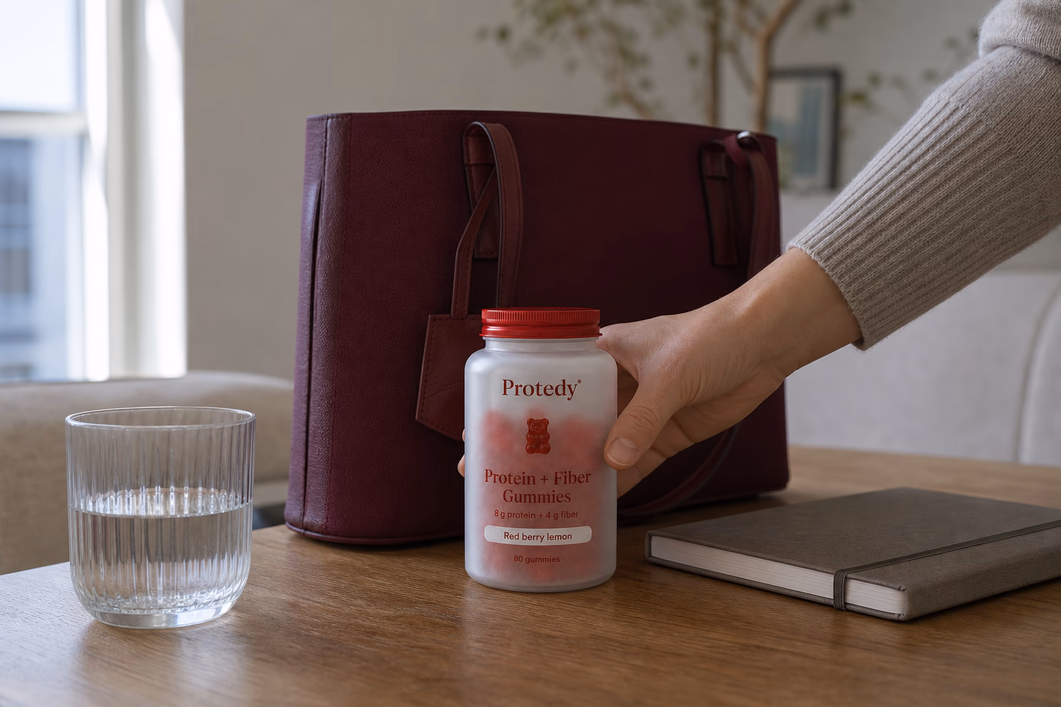 PROTEDY bottle styled on a calm premium desk
